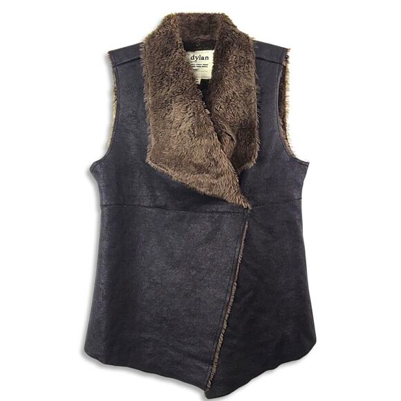 New Dylan Women's Cozy Faux Leather Fur Trim Snap Vest - Picture 3 of 7